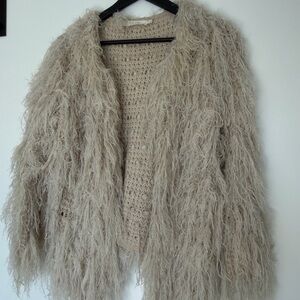 Astr Shaggy Faux Fur Open-Front Cardigan in Light Taupe